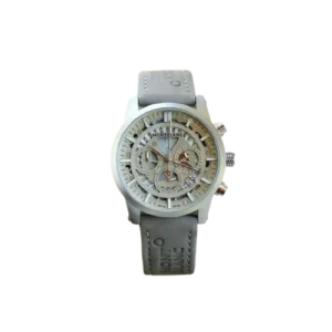 mont blanc m1122 men's chronograph watch with a grey dial and a beige leather strap.