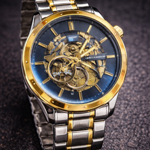 tommy hilfiger automatic mechanical skeleton wristwatch with a two tone (silver and gold) stainless steel strap.