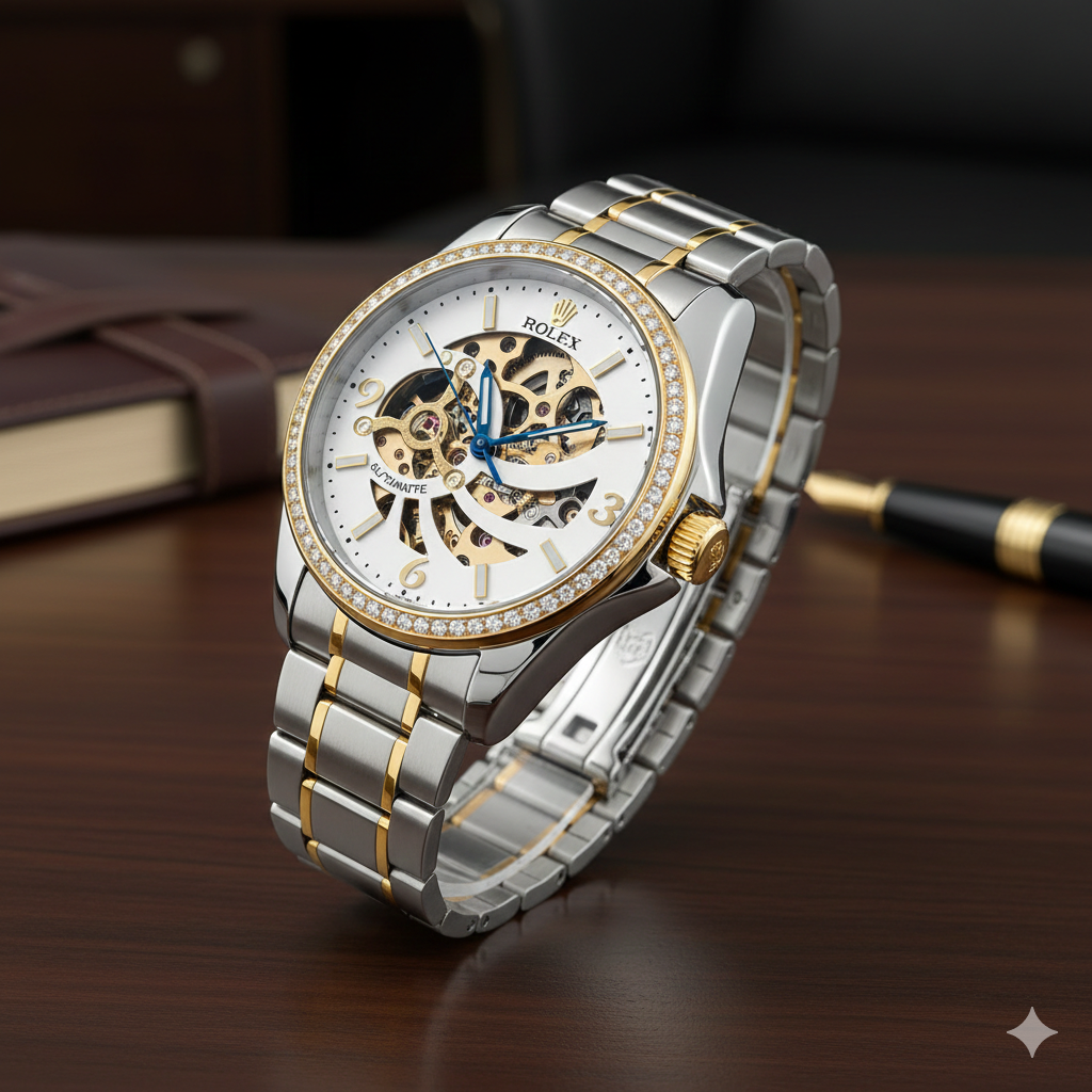 rolex luxury skeleton mechanical men's watch with a two tone (gold and silver) stainless steel band rolex luxury skeleton mechanical men's watch with a two tone (gold and silver) stainless steel band
