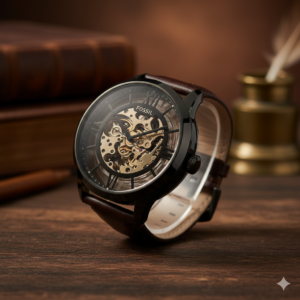 fossil townsman automatic watch with a black leather strap and skeleton dial.