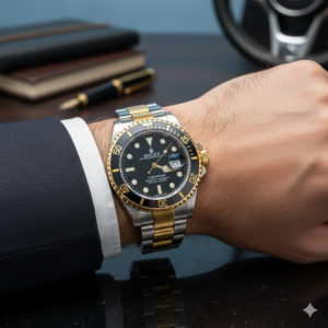 rolex submariner two tone watch with a black dial and gold accents.