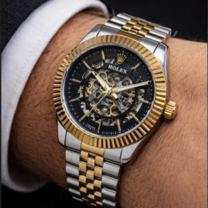 rolex two tone (gold and silver colored) automatic skeleton watch with arabic number