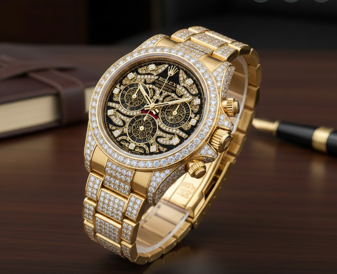 rolex luxury gold tone iced out stainless steel men's watch featuring a skeleton dial and a decorative chronograph look. rolex luxury gold tone iced out stainless steel men's watch featuring a skeleton dial and a decorative chronograph look.