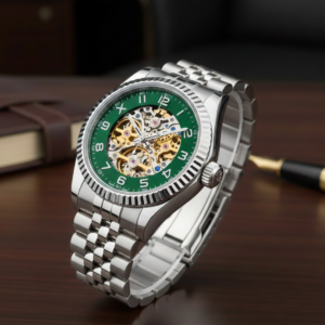 rolex green dial, a skeletonized movement, and a jubilee style bracele