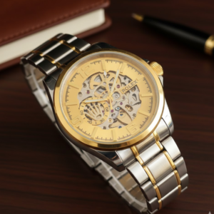 rolex gold tone stainless steel automatic skeleton style watch