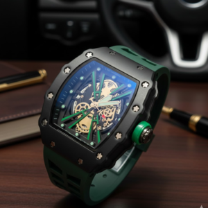 richard mille rm 35 01 or similar model rafael nadal edition watch with a carbon case and green rubber strap.