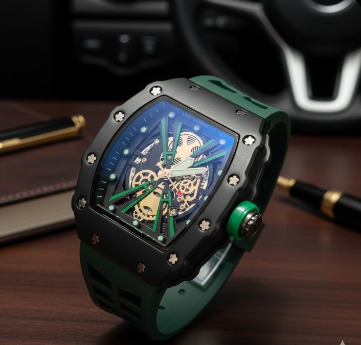richard mille rm 35 01 or similar model rafael nadal edition watch with a carbon case and green rubber strap. richard mille rm 35 01 or similar model rafael nadal edition watch with a carbon case and green rubber strap.