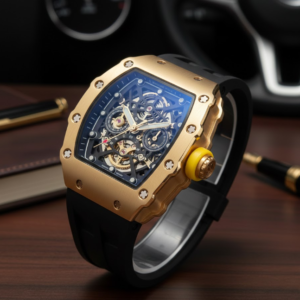 richard mille rm 11 03 automatic flyback chronograph watch in rose gold with a blue dial and white rubber strap.