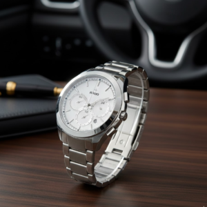 rado hyperchrome stainless steel automatic chronograph watch with a silver dial.