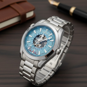 omega seamaster aqua terra 150m co axial master chronometer gmt worldtimer watch with a light blue dial and stainless steel bracelet.
