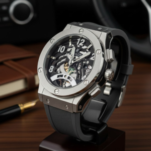hublot big bang meca 10 watch in a titanium case with a skeletonized dial.