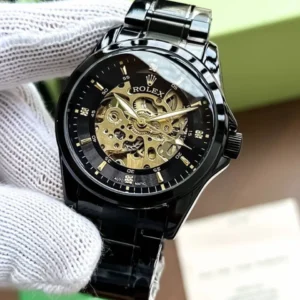 rolex black automatic skeleton watch labeled.