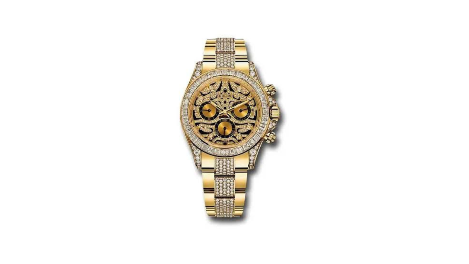 designed to turn heads instantly, this rolex luxury gold tone men’s watch delivers an unapologetically bold statement of status and style. crafted from gold tone stainless steel, the watch is fully elevated with an iced out crystal set bezel and accents, creating a dazzling presence under any light. at the center, the skeleton dial showcases intricate mechanical detailing, blending transparency with artistic depth. the decorative chronograph style sub dials enhance the sporty, high performance look, giving the watch a powerful and complex visual appeal while maintaining a refined luxury aesthetic. designed to turn heads instantly, this rolex luxury gold tone men’s watch delivers an unapologetically bold statement of status and style. crafted from gold tone stainless steel, the watch is fully elevated with an iced out crystal set bezel and accents, creating a dazzling presence under any light. at the center, the skeleton dial showcases intricate mechanical detailing, blending transparency with artistic depth. the decorative chronograph style sub dials enhance the sporty, high performance look, giving the watch a powerful and complex visual appeal while maintaining a refined luxury aesthetic.