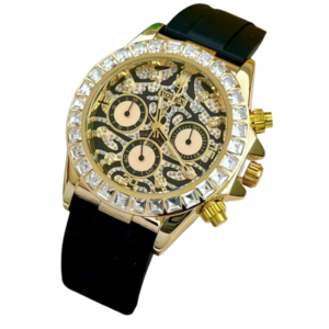 rolex gold toned men's chronograph style watch with a crystal studded bezel, a skeleton/tiger pattern dial, and a black silicone strap.