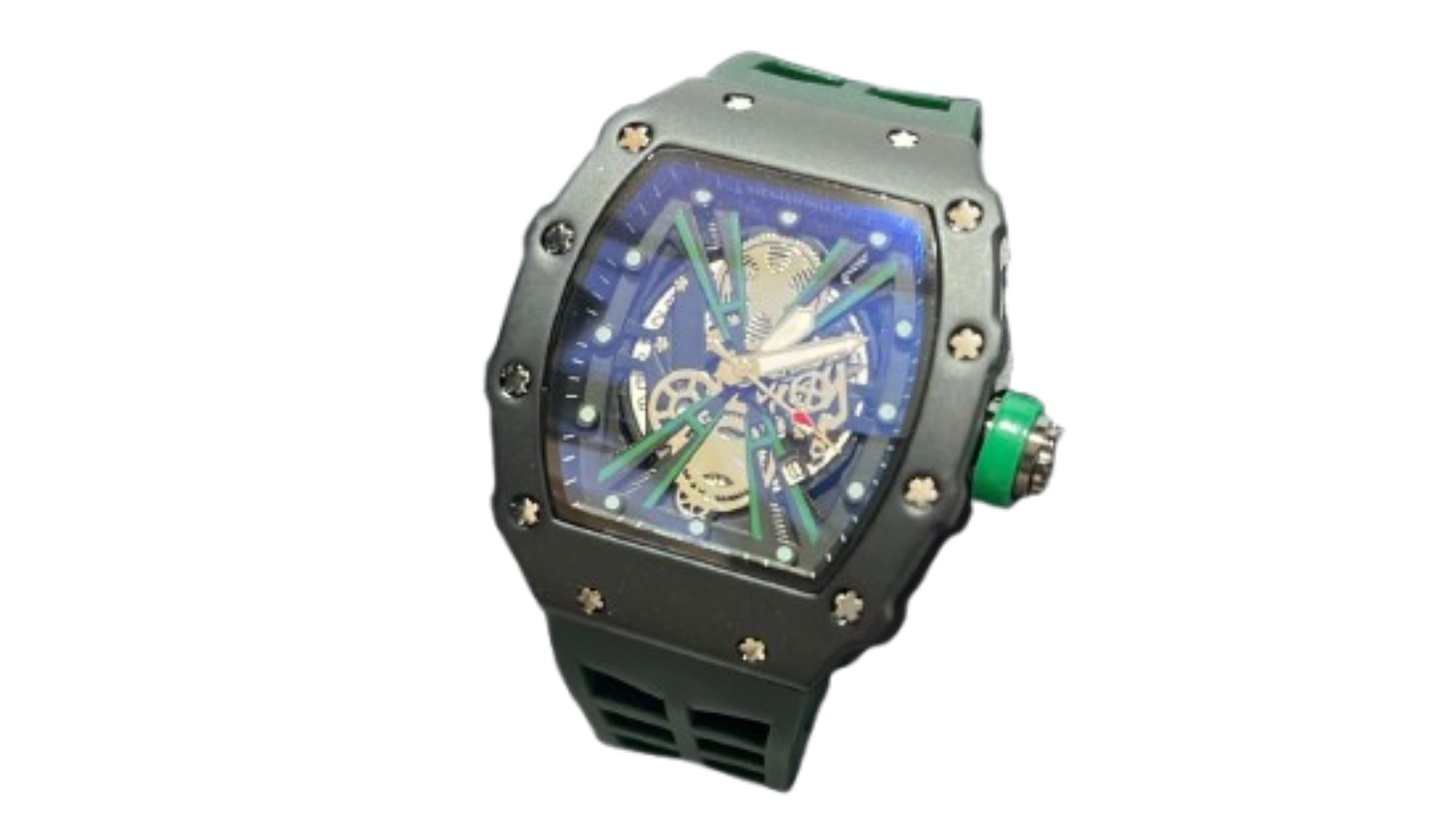 richard mille rm 35 01 or similar model rafael nadal edition watch with a carbon case and green rubber strap. richard mille rm 35 01 or similar model rafael nadal edition watch with a carbon case and green rubber strap.