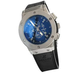 hublot big bang chronograph watch with a blue dial and a gold tone case.